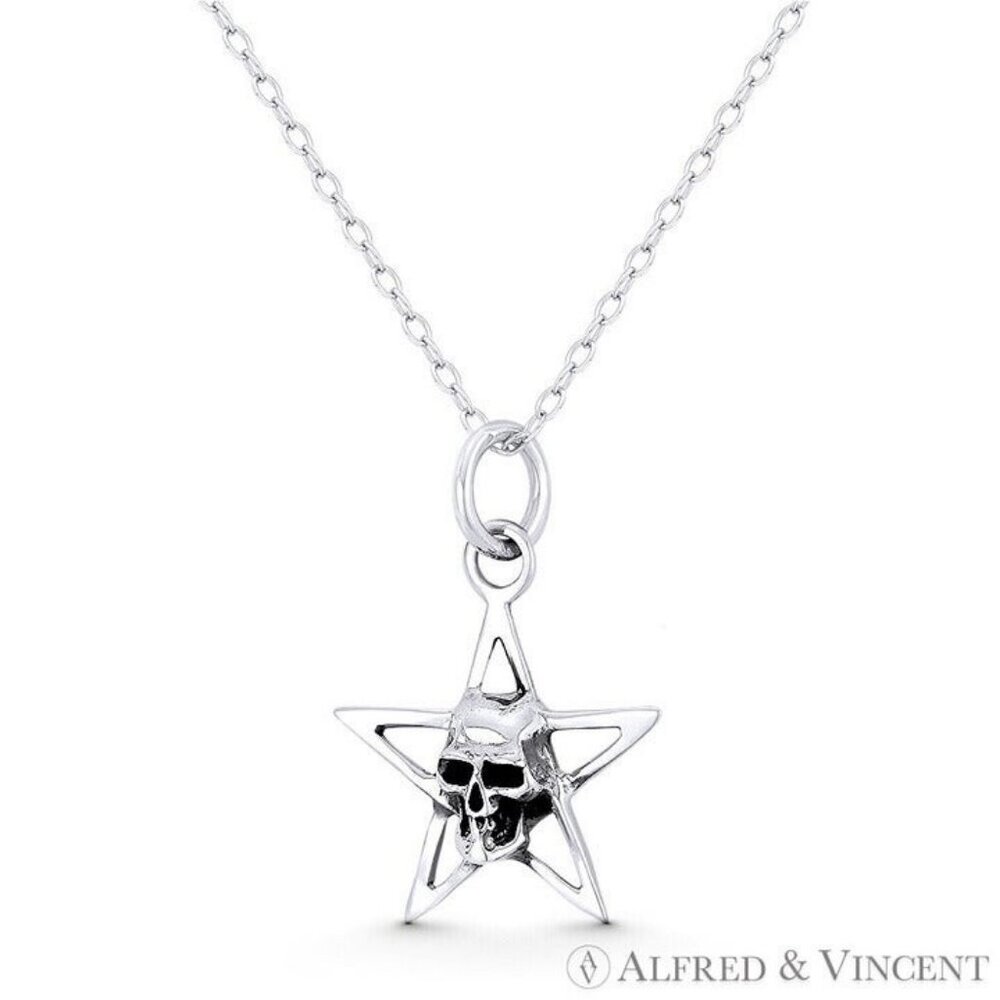 Skull / Skeleton Head on 5-Pointed Star Charm in Oxidized .925 Sterling Silver